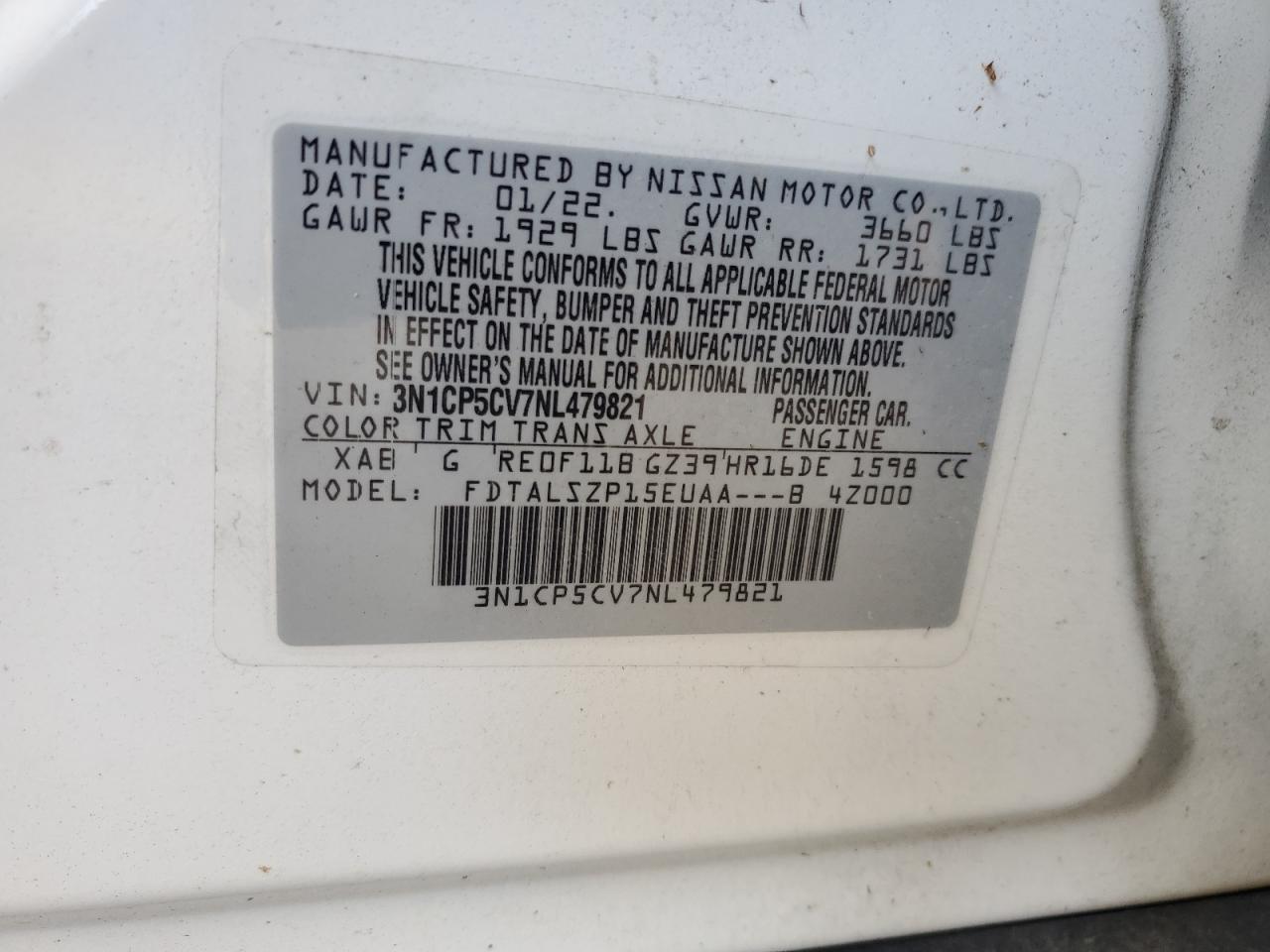 2022 Nissan Kicks Sv VIN: 3N1CP5CV7NL479821 Lot: 65421475