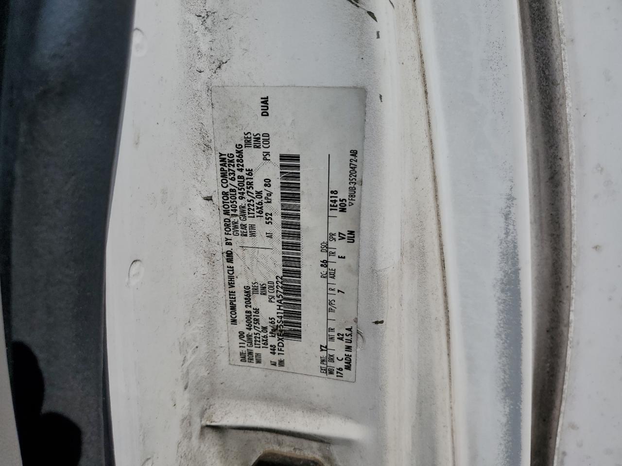 2001 Ford Econoline E450 Super Duty Cutaway Van VIN: 1FDXE45S41HA57222 Lot: 62635265