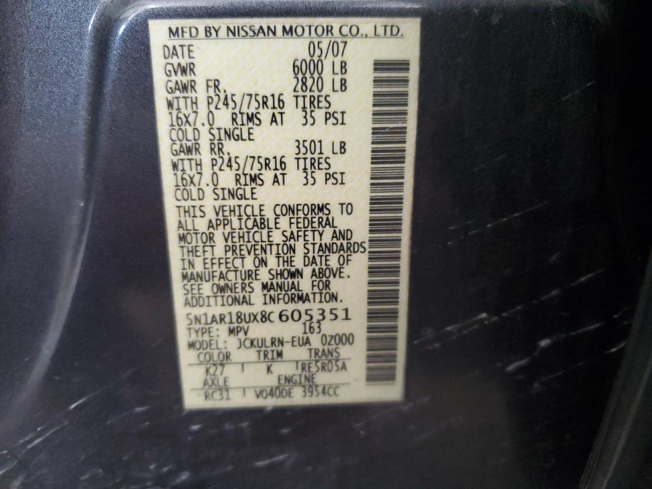 2008 Nissan Pathfinder S VIN: 5N1AR18UX8C605351 Lot: 63629345