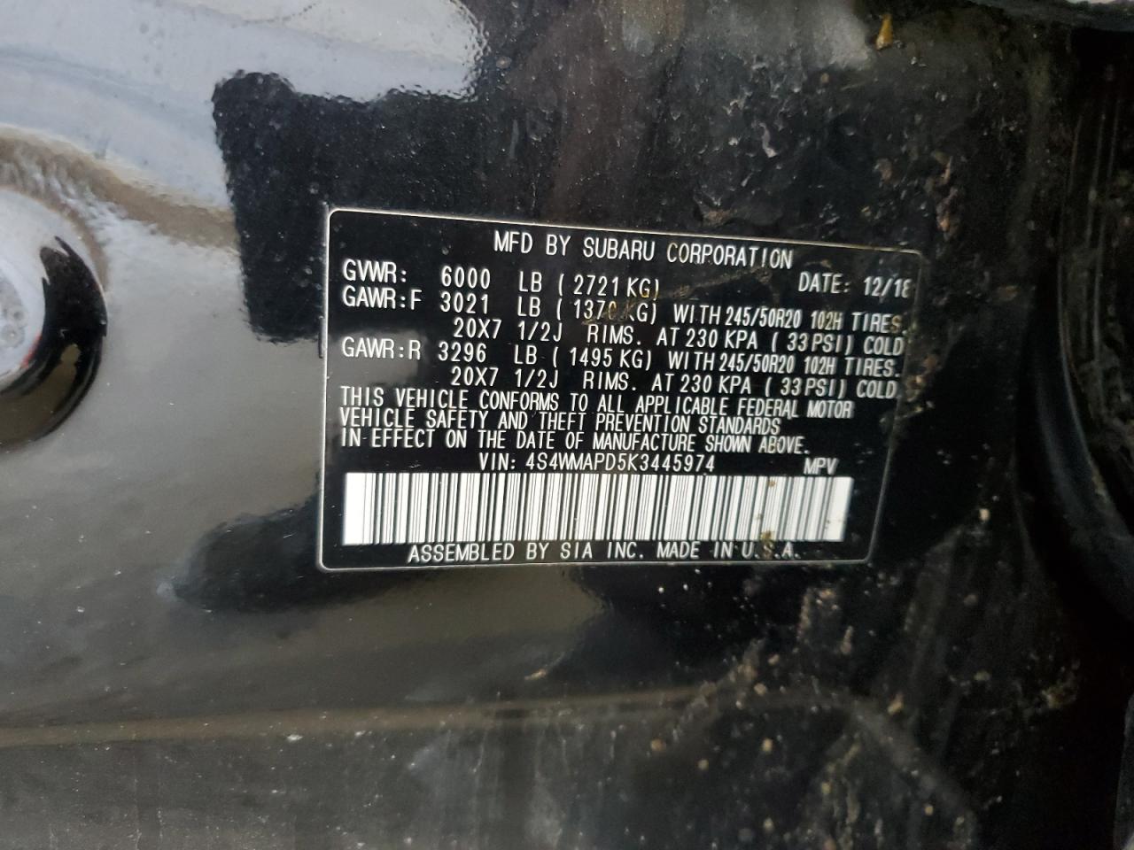 2019 Subaru Ascent Limited VIN: 4S4WMAPD5K3445974 Lot: 65352735