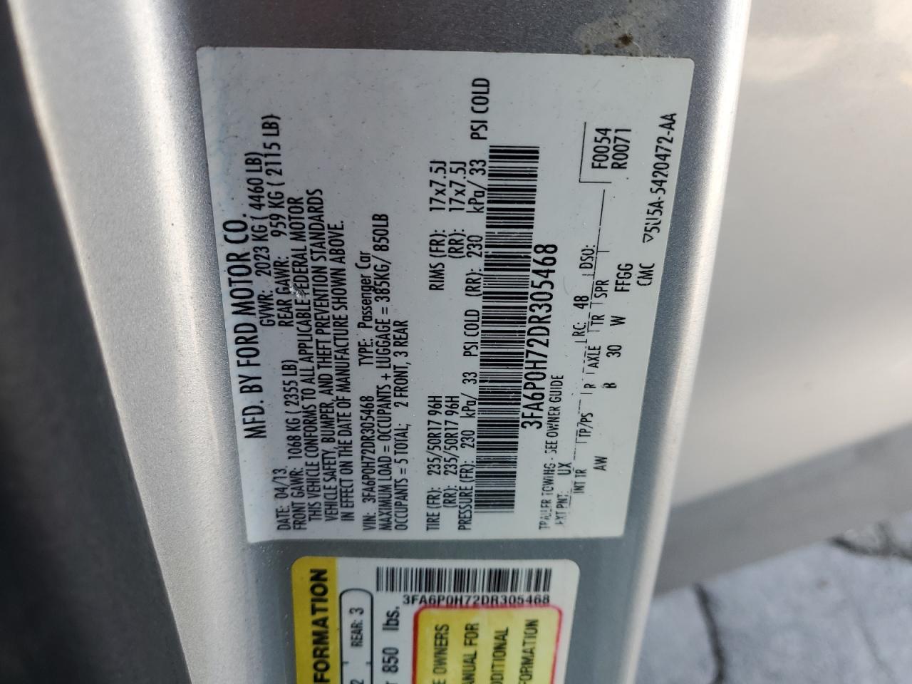 2013 Ford Fusion Se VIN: 3FA6P0H72DR305468 Lot: 63317905