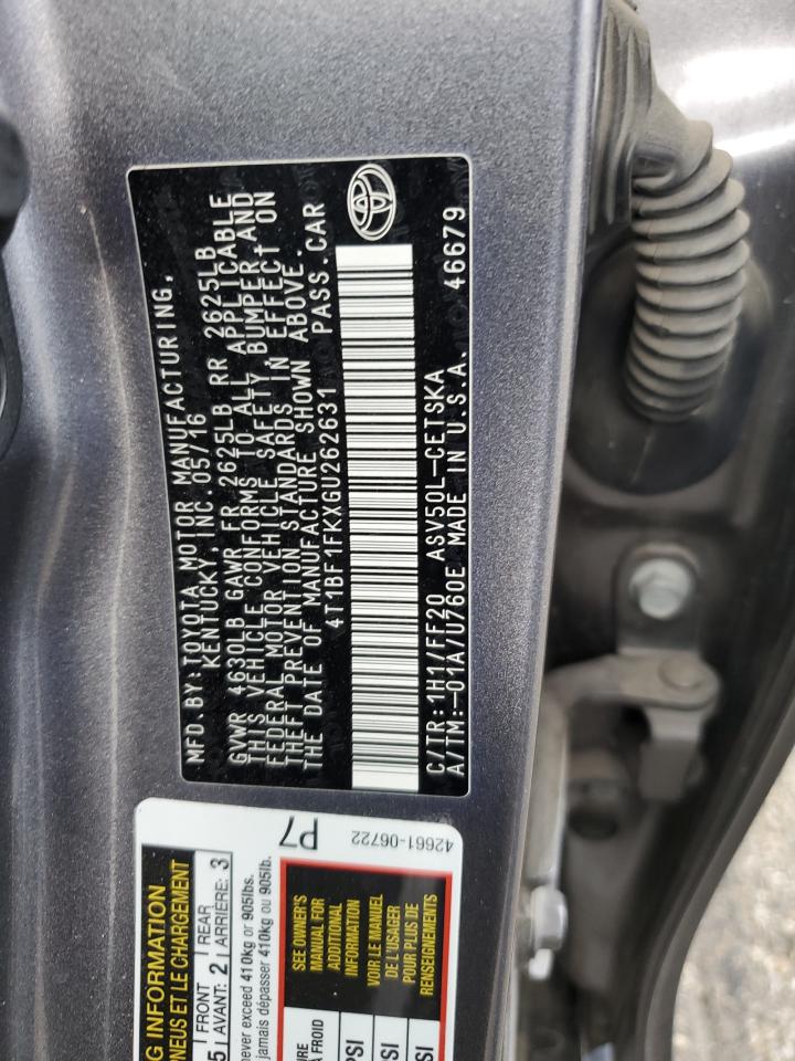 2016 Toyota Camry Le VIN: 4T1BF1FKXGU262631 Lot: 63121555