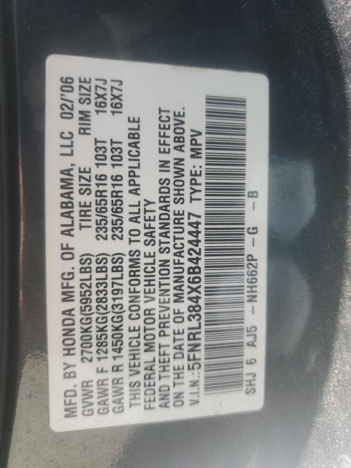 2006 Honda Odyssey Ex VIN: 5FNRL384X6B424447 Lot: 65118565