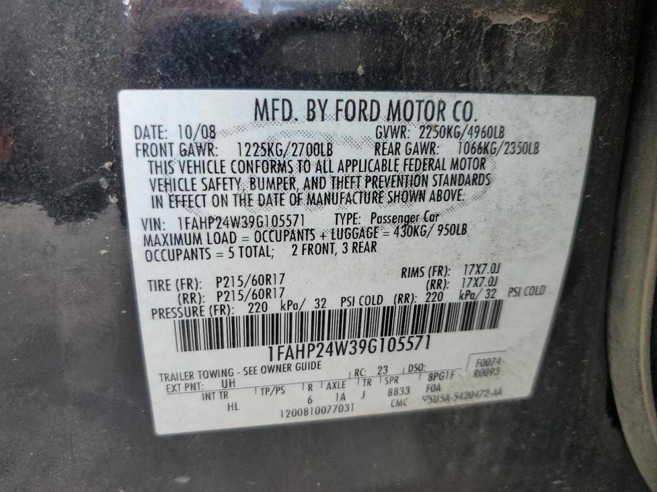 2009 Ford Taurus Sel VIN: 1FAHP24W39G105571 Lot: 64232805
