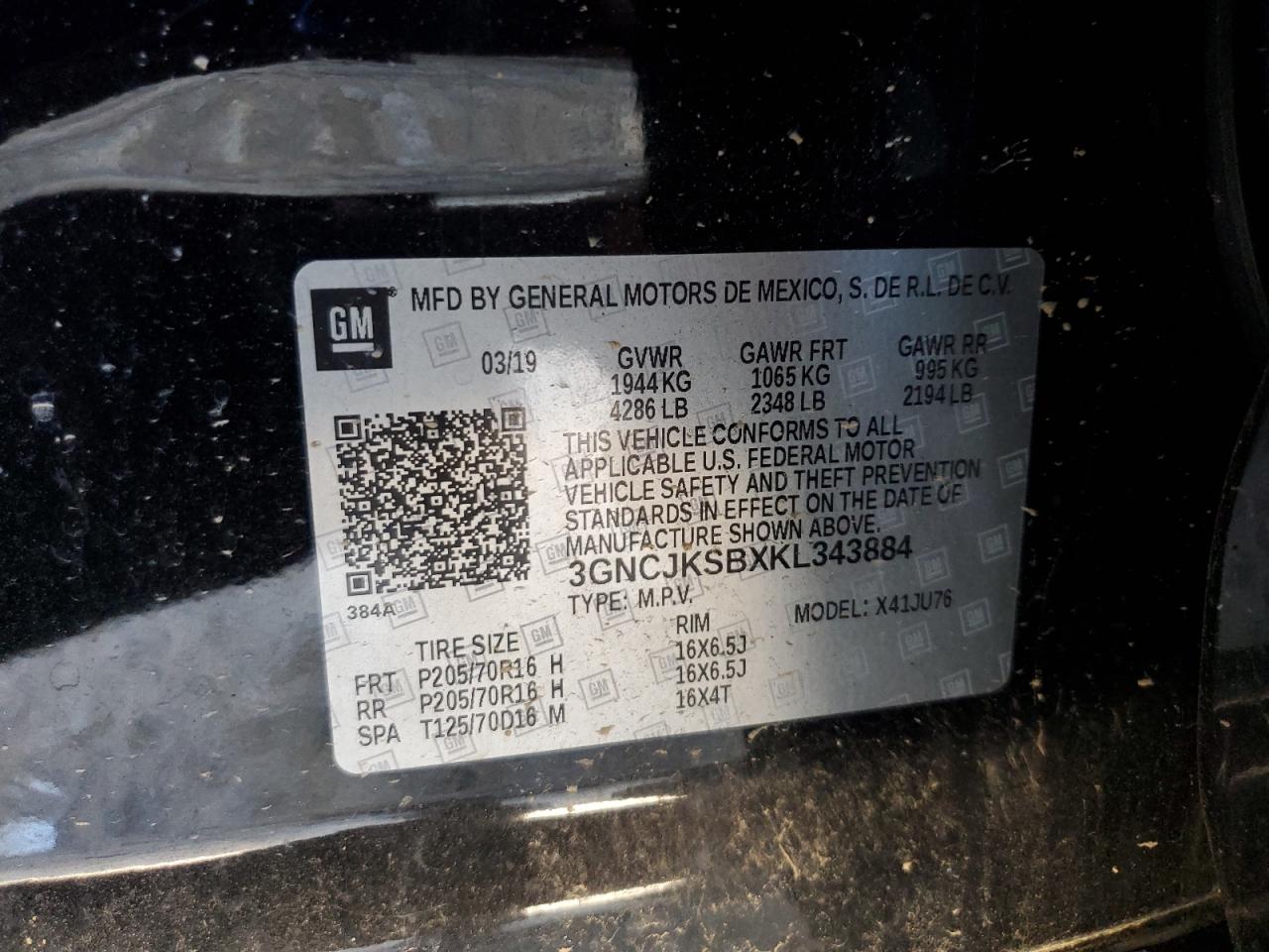 2019 Chevrolet Trax Ls VIN: 3GNCJKSBXKL343884 Lot: 65722975