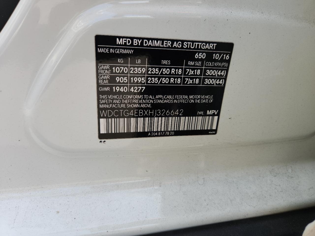 wdctg4ebxhj326642 WDCTG4EBXHJ326642 2017 Mercedes-Benz Gla 250