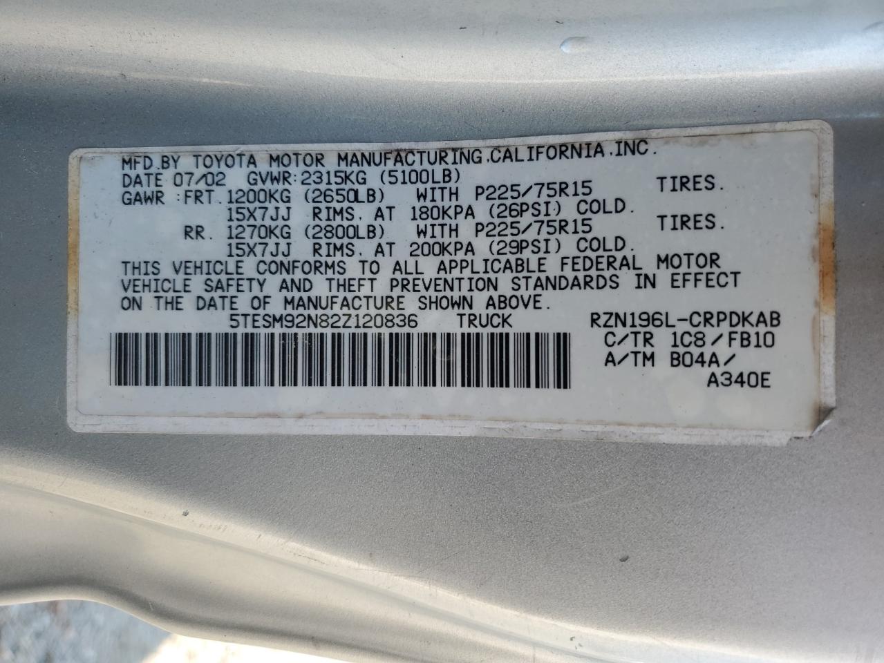 2002 Toyota Tacoma Xtracab Prerunner VIN: 5TESM92N82Z120836 Lot: 64230175
