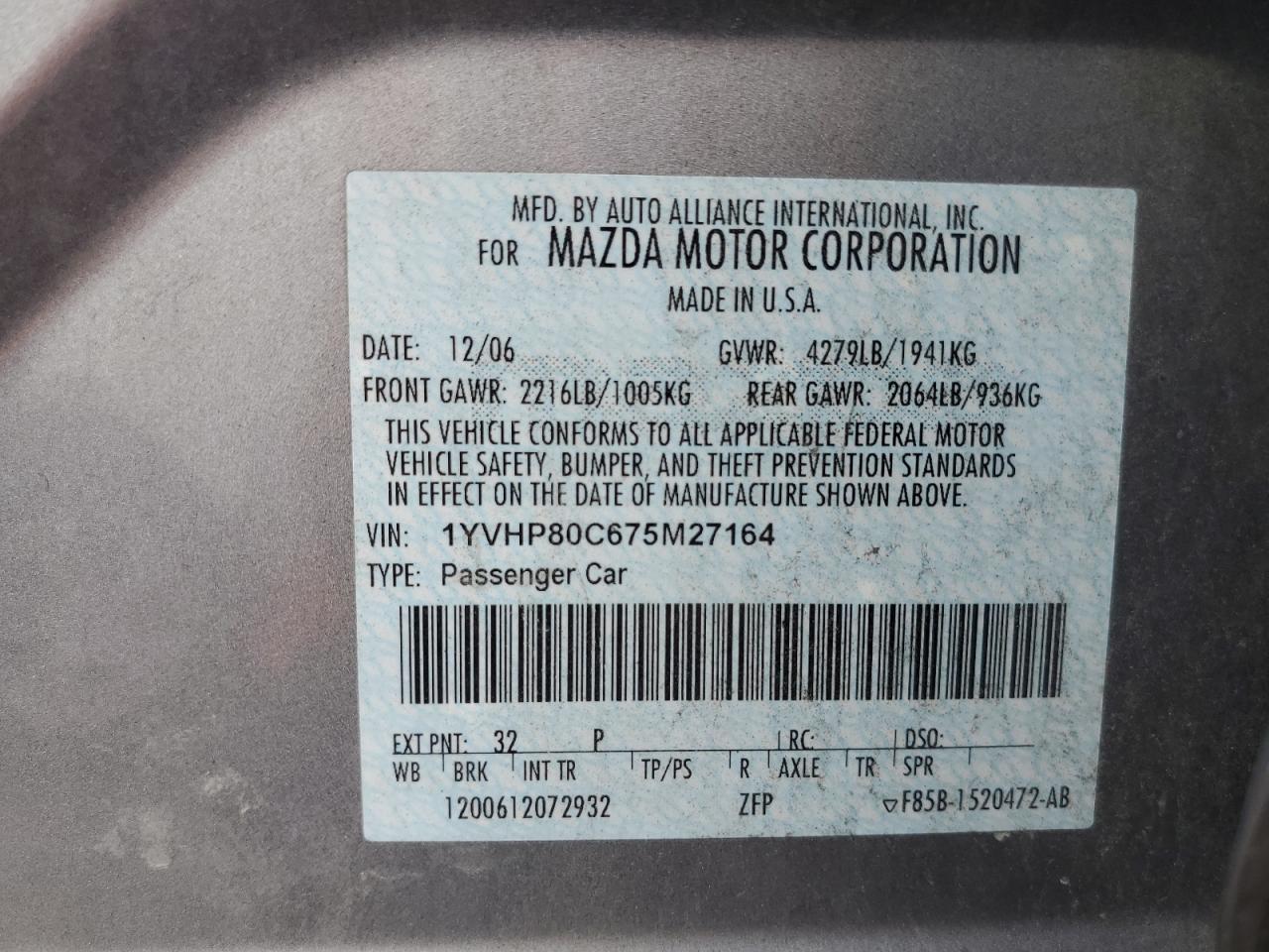 2007 Mazda 6 I VIN: 1YVHP80C675M27164 Lot: 64623785