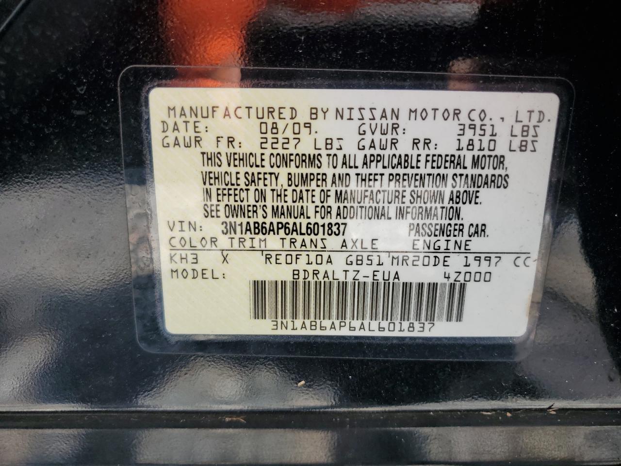 2010 Nissan Sentra 2.0 VIN: 3N1AB6AP6AL601837 Lot: 62830345