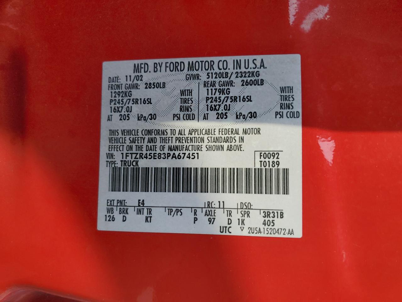 2003 Ford Ranger Super Cab VIN: 1FTZR45E83PA67451 Lot: 66093155