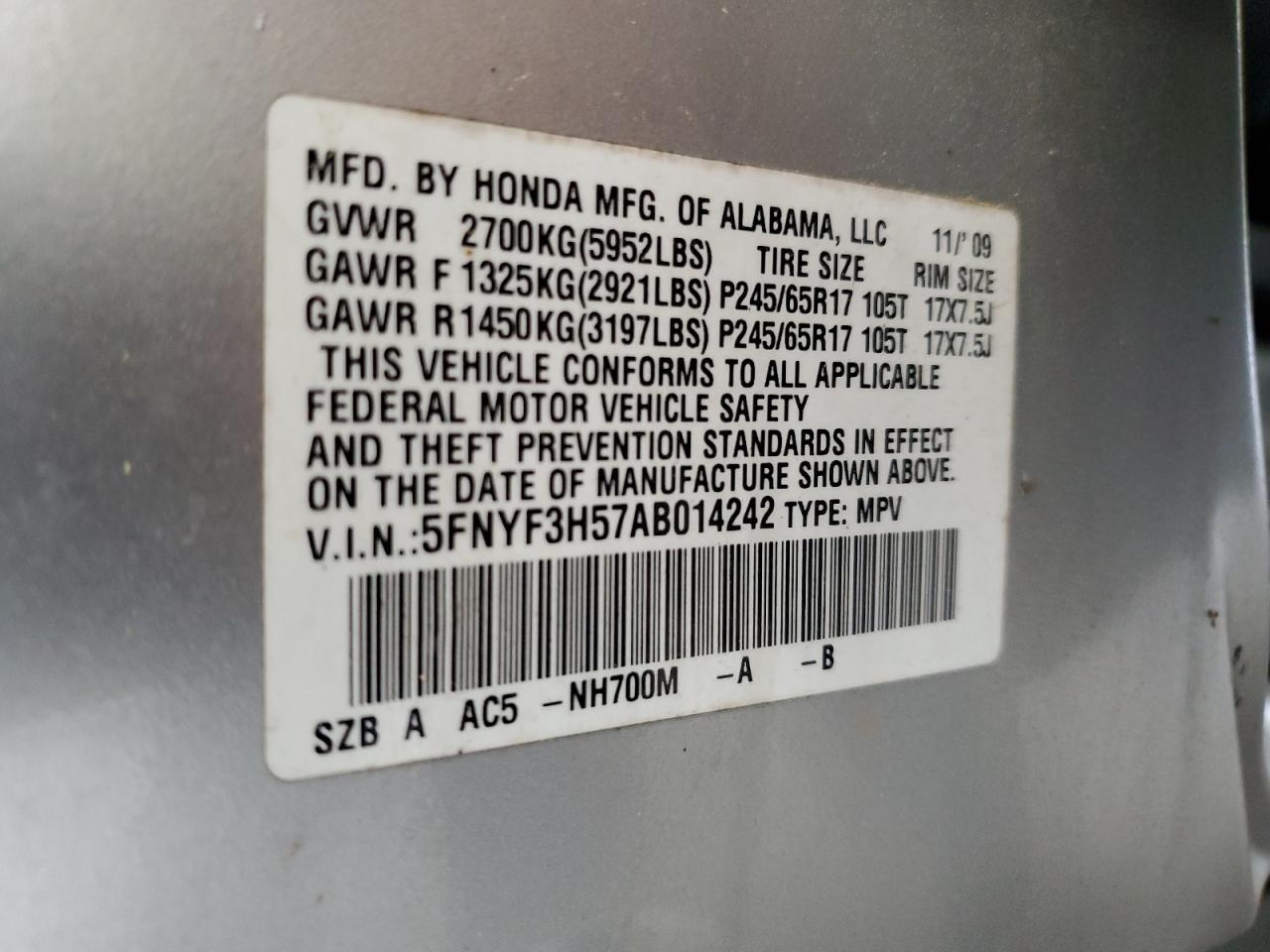 2010 Honda Pilot Exl VIN: 5FNYF3H57AB014242 Lot: 63929425