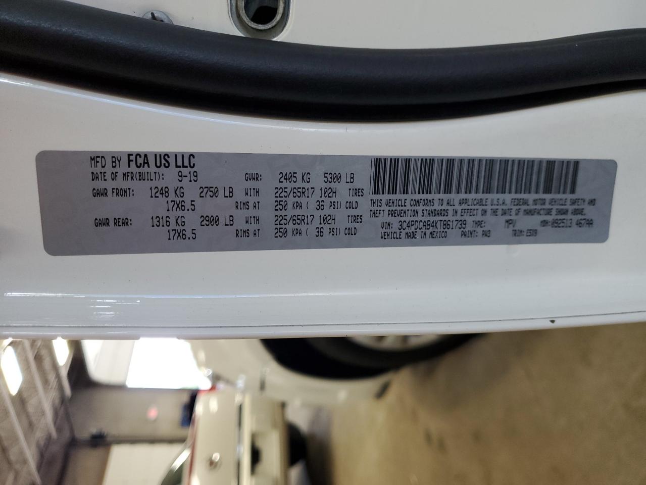 2019 Dodge Journey Se VIN: 3C4PDCAB4KT861739 Lot: 65382855