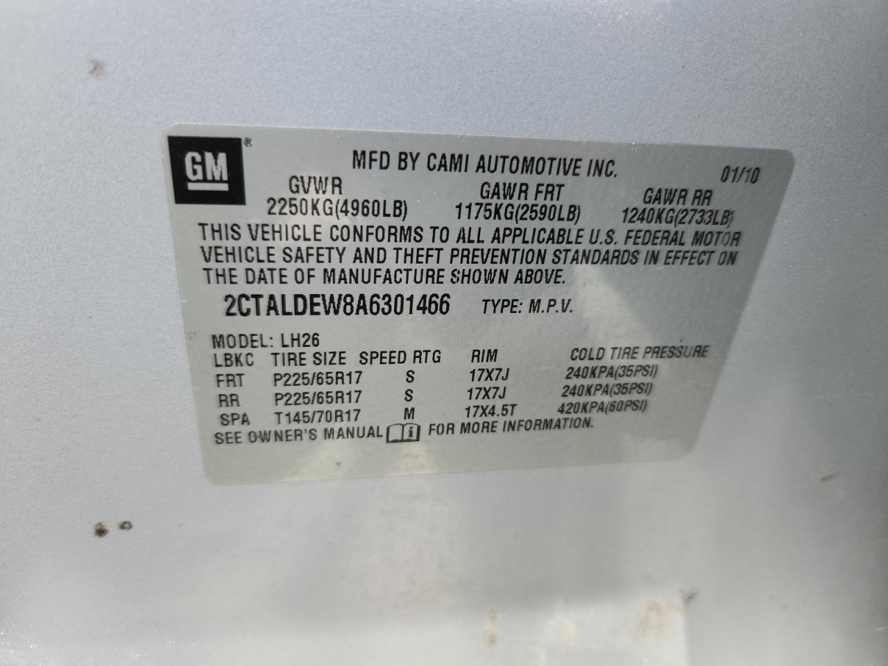 2010 GMC Terrain Sle VIN: 2CTALDEW8A6301466 Lot: 64663065