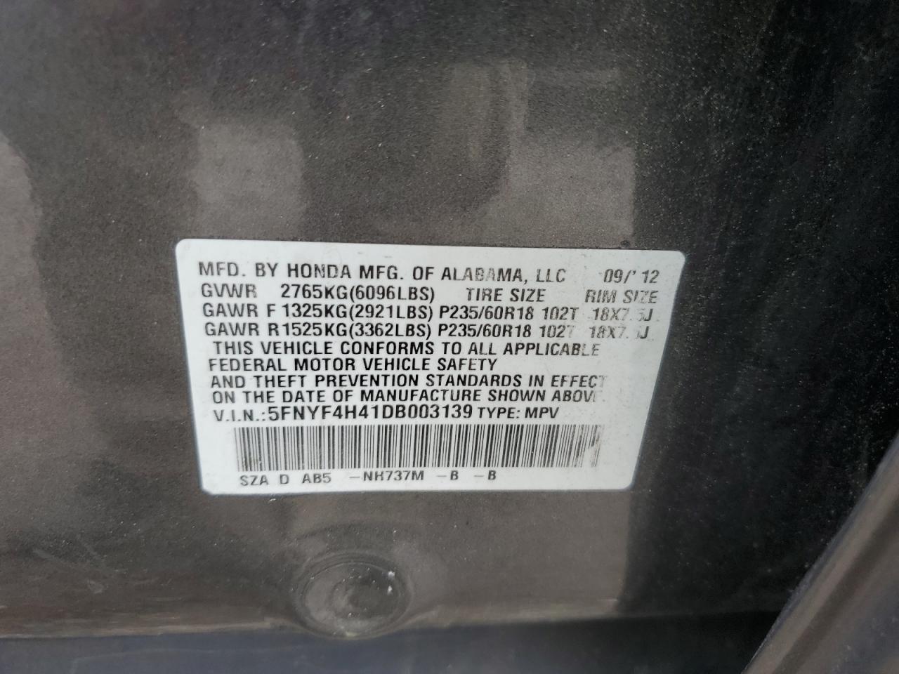 2013 Honda Pilot Ex VIN: 5FNYF4H41DB003139 Lot: 65577535
