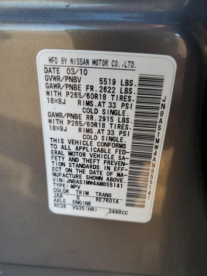 2010 Infiniti Fx35 VIN: JN8AS1MW4AM855141 Lot: 64487275