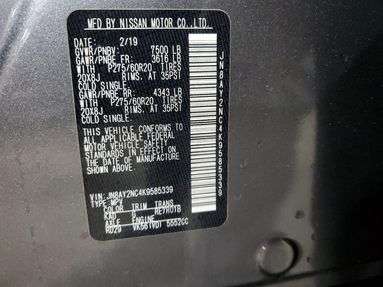 2019 Nissan Armada Sv VIN: JN8AY2NC4K9585339 Lot: 64284385