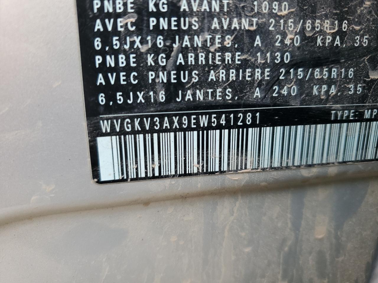 2014 Volkswagen Tiguan S VIN: WVGKV3AX9EW541281 Lot: 66071365