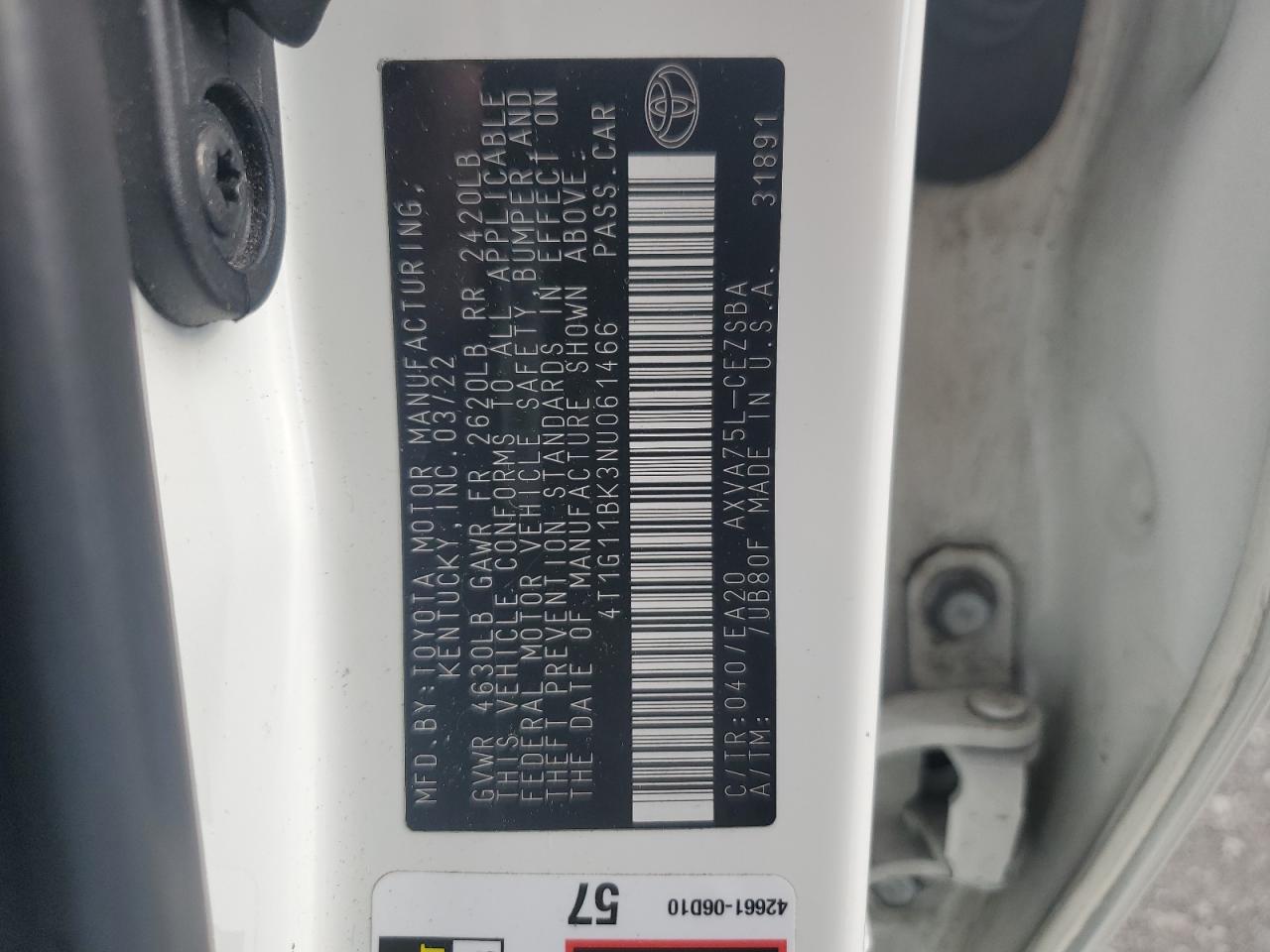 2022 Toyota Camry Se VIN: 4T1G11BK3NU061466 Lot: 65036965