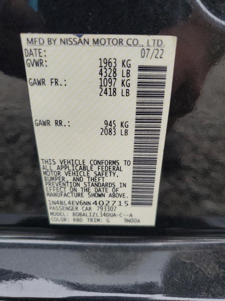 2022 Nissan Altima Sl VIN: 1N4BL4EV6NN402715 Lot: 64962545