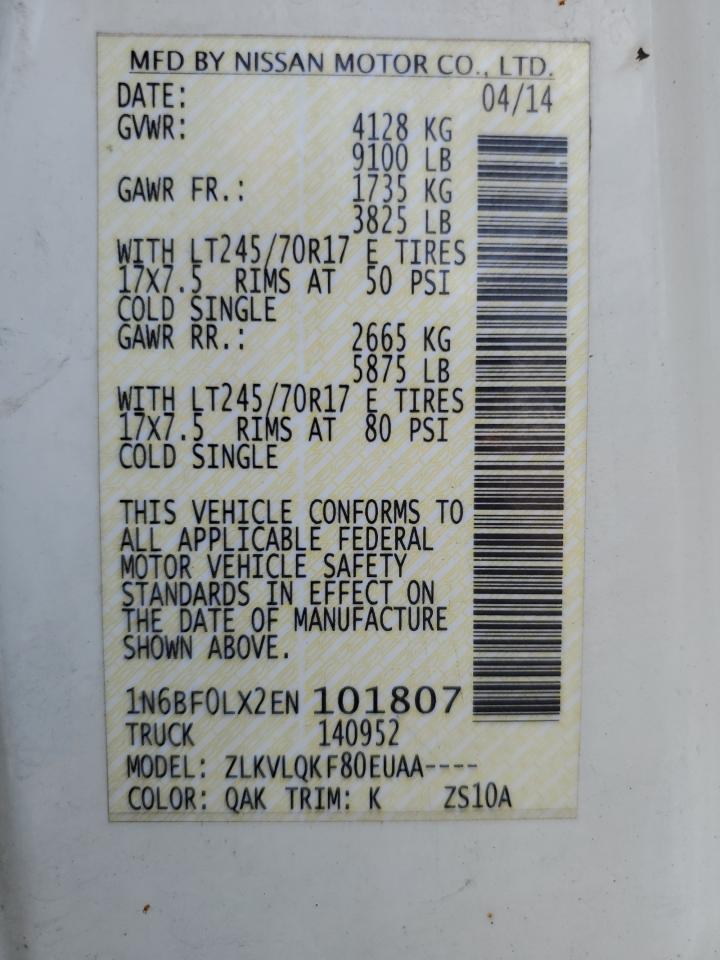 2014 Nissan Nv 2500 VIN: 1N6BF0LX2EN101807 Lot: 66935365