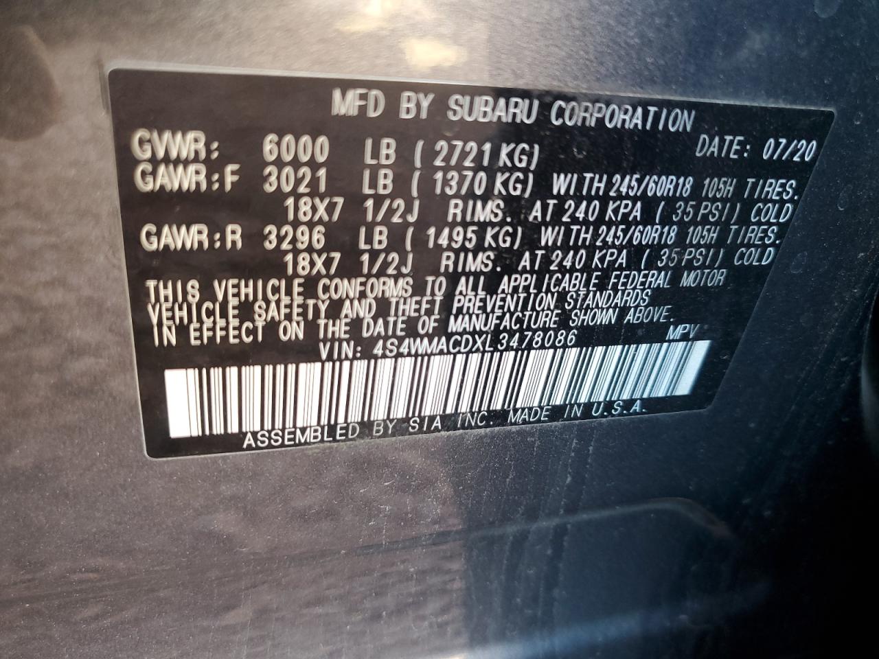 2020 Subaru Ascent Premium VIN: 4S4WMACDXL3478086 Lot: 62939825