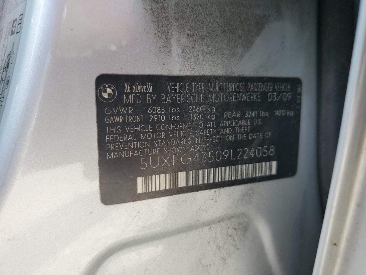 2009 BMW X6 xDrive35I VIN: 5UXFG43509L224058 Lot: 64930725