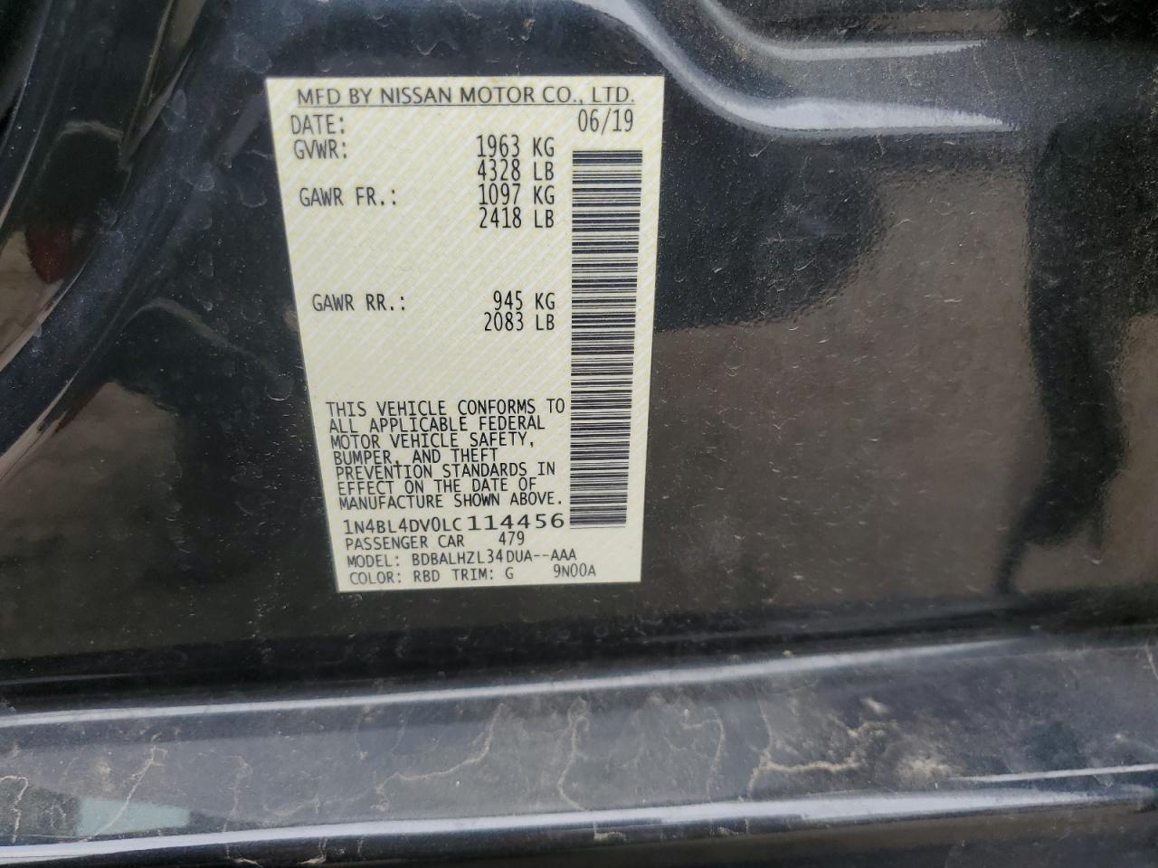 2020 Nissan Altima Sv VIN: 1N4BL4DV0LC114456 Lot: 64515615