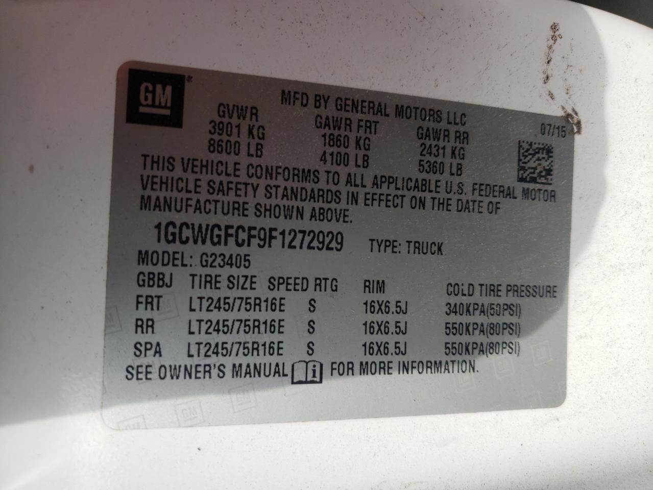 2015 Chevrolet Express G2500 VIN: 1GCWGFCF9F1272929 Lot: 65343175