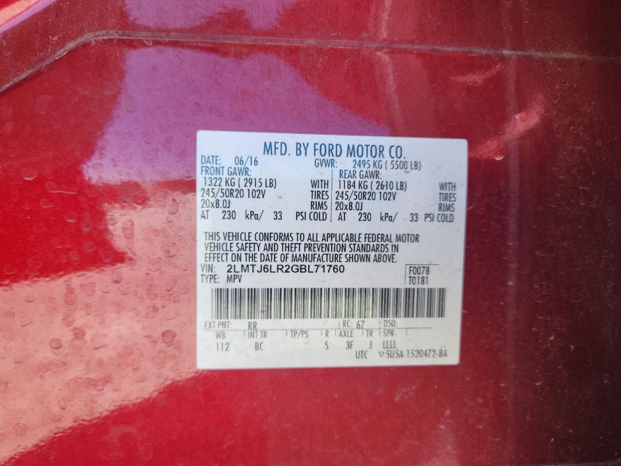 2016 Lincoln Mkx Reserve VIN: 2LMTJ6LR2GBL71760 Lot: 65709245