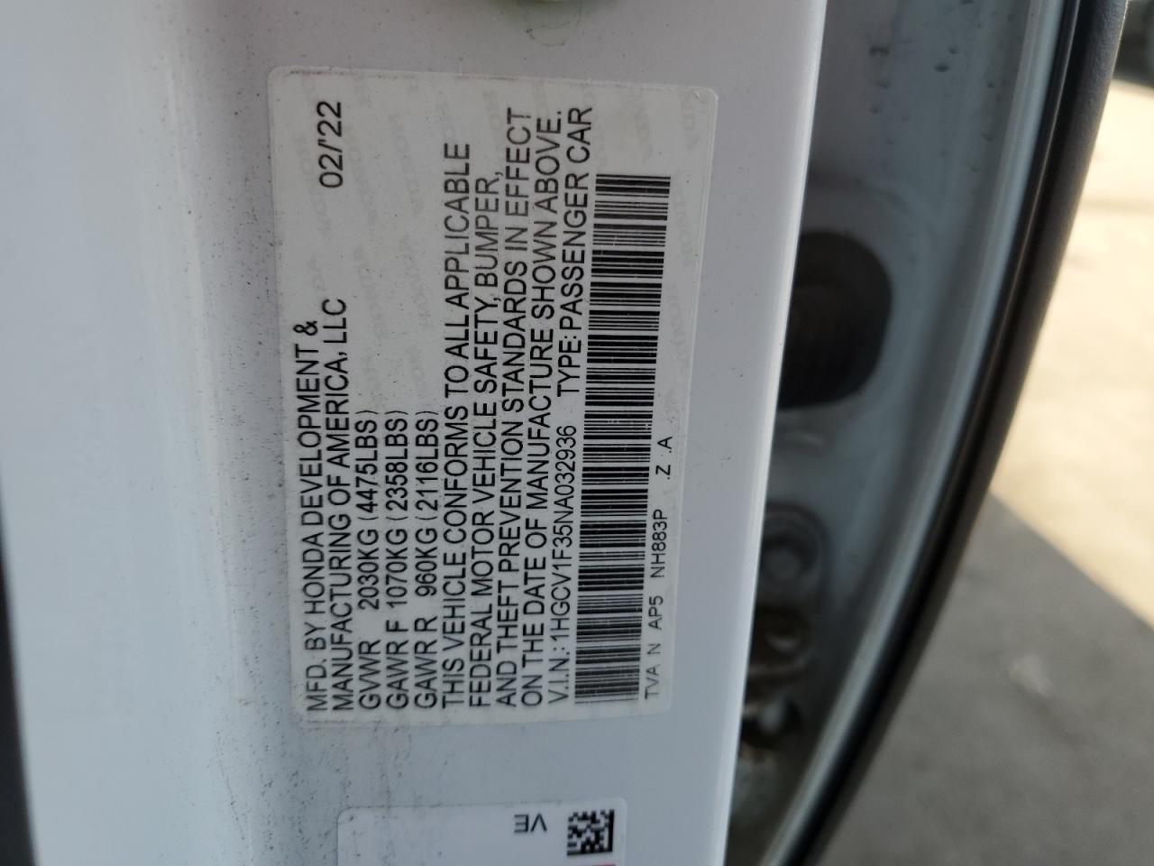 2022 Honda Accord Sport VIN: 1HGCV1F35NA032936 Lot: 64416295