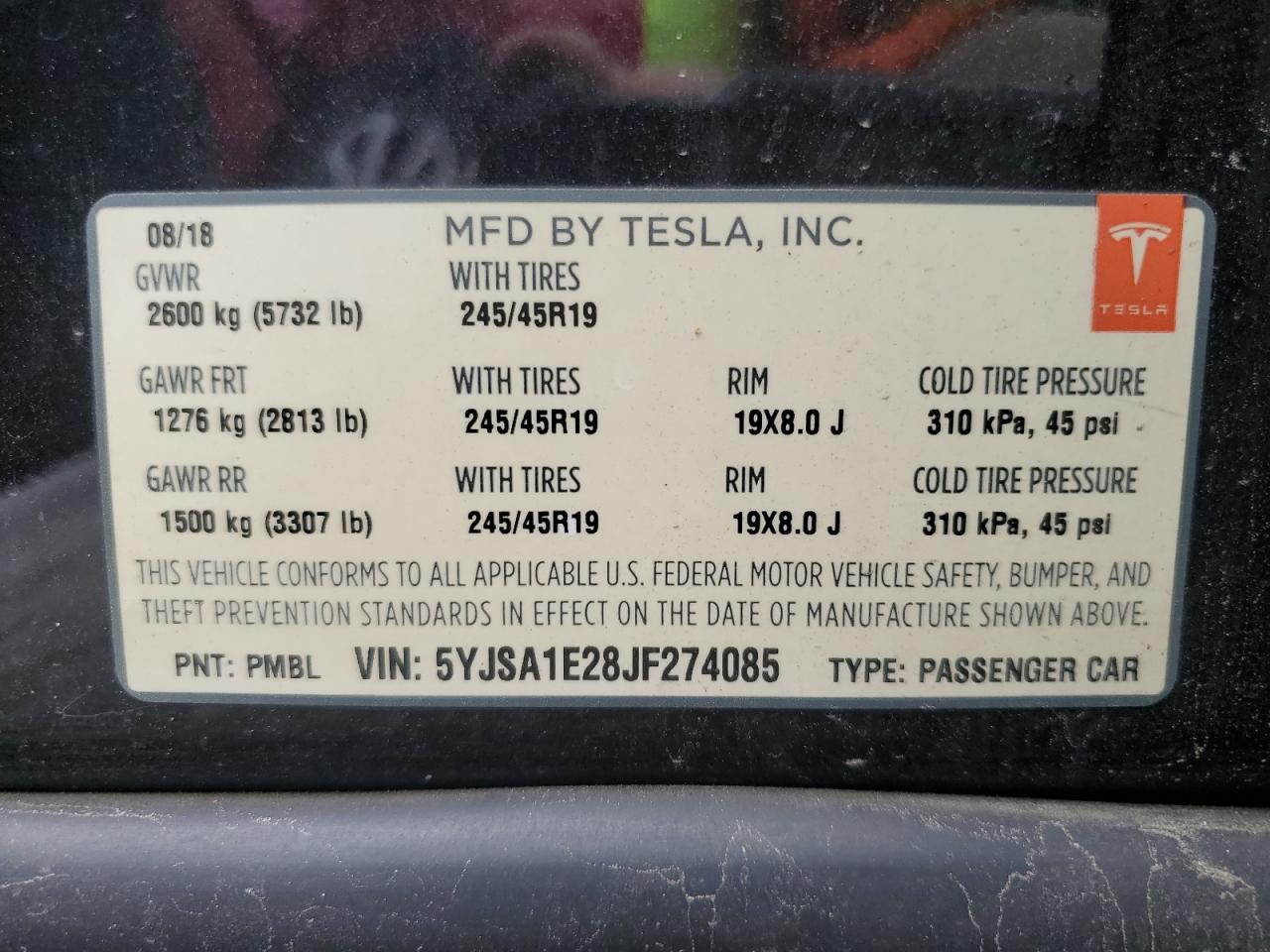2018 Tesla Model S VIN: 5YJSA1E28JF274085 Lot: 63612815