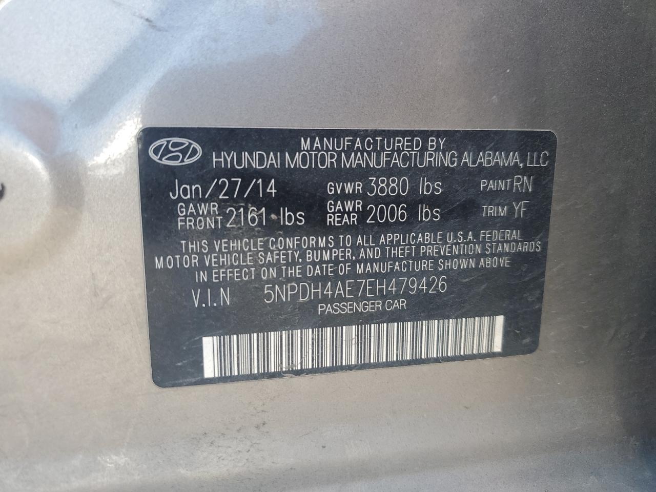 2014 Hyundai Elantra Se VIN: 5NPDH4AE7EH479426 Lot: 64859075