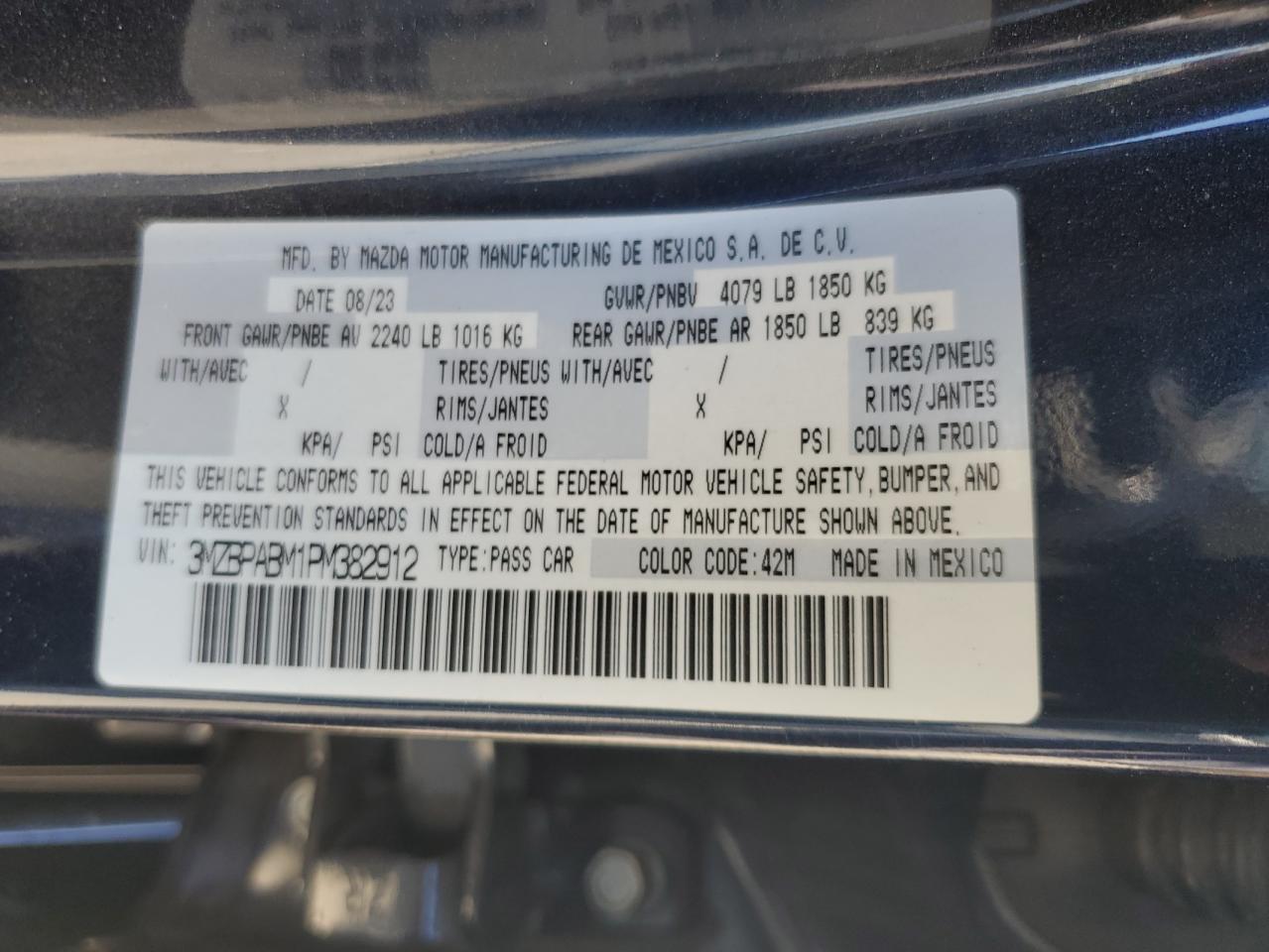 2023 Mazda 3 Select VIN: 3MZBPABM1PM382912 Lot: 65029905