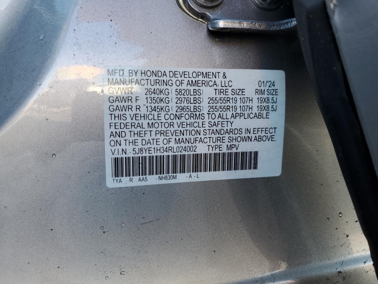 2024 Acura Mdx VIN: 5J8YE1H34RL024002 Lot: 63509355