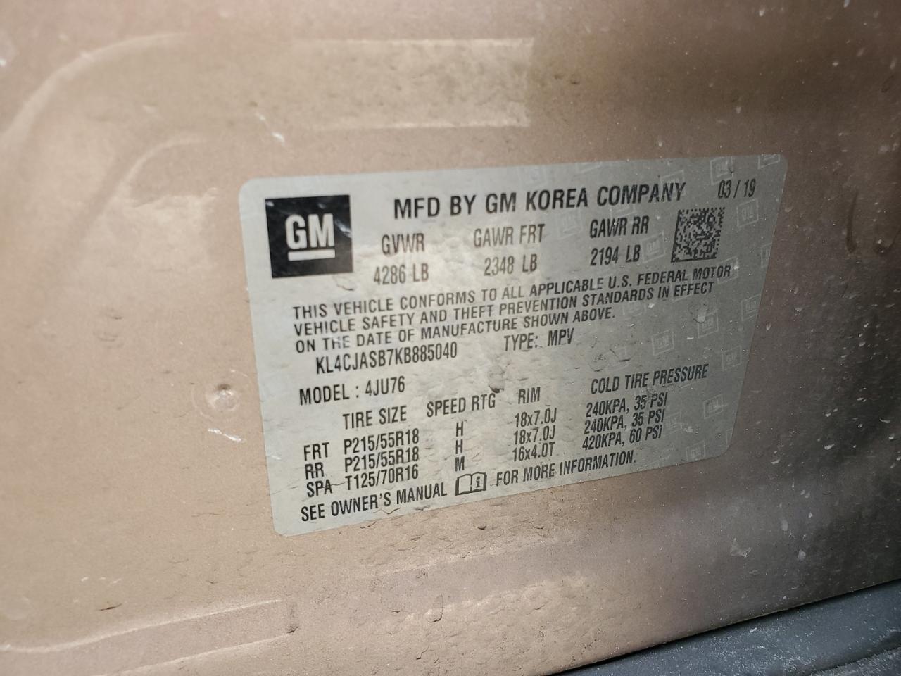 2019 Buick Encore Preferred VIN: KL4CJASB7KB885040 Lot: 65361135