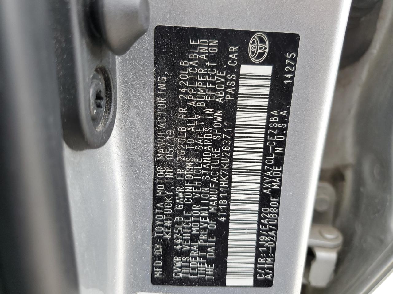 2019 Toyota Camry L VIN: 4T1B11HK7KU263711 Lot: 64267265