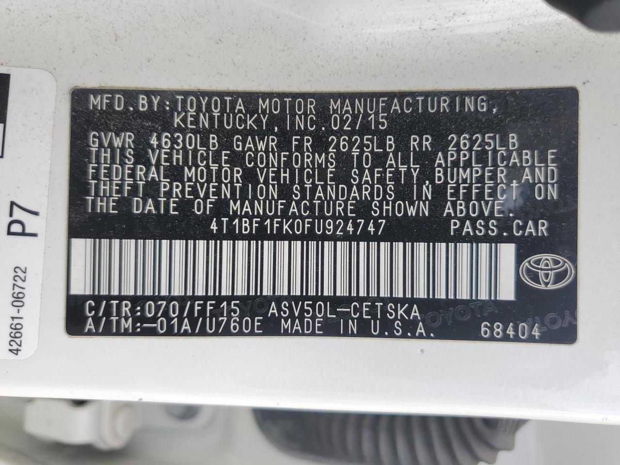 2015 Toyota Camry Le VIN: 4T1BF1FK0FU924747 Lot: 65450475