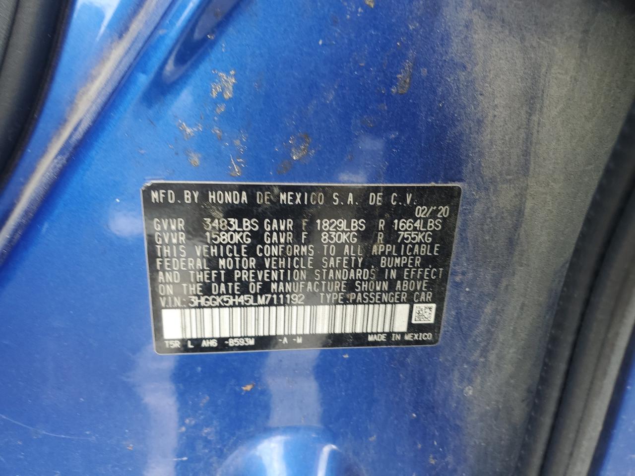 2020 Honda Fit Lx VIN: 3HGGK5H45LM711192 Lot: 64047585