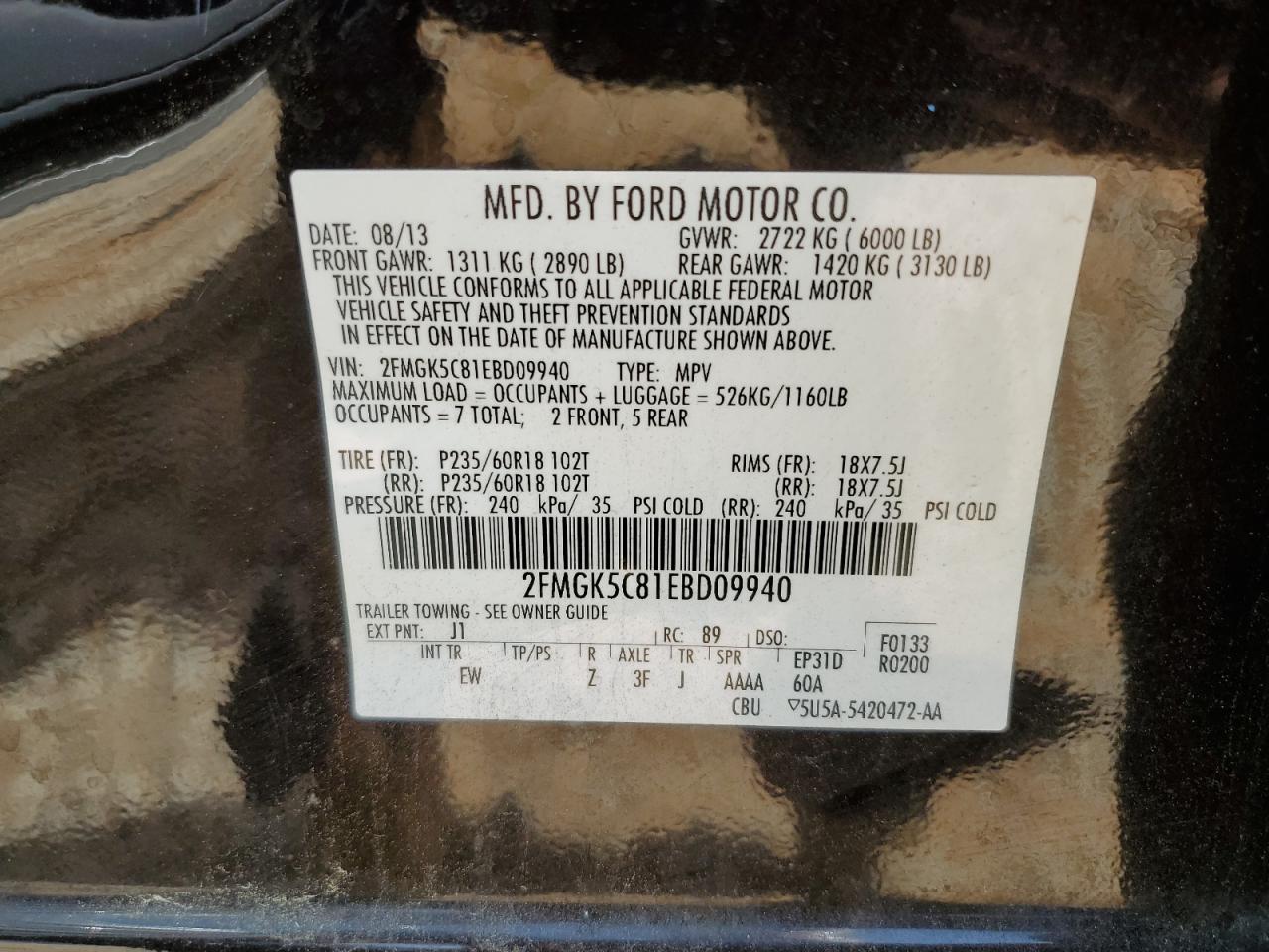 2014 Ford Flex Sel VIN: 2FMGK5C81EBD09940 Lot: 64281005