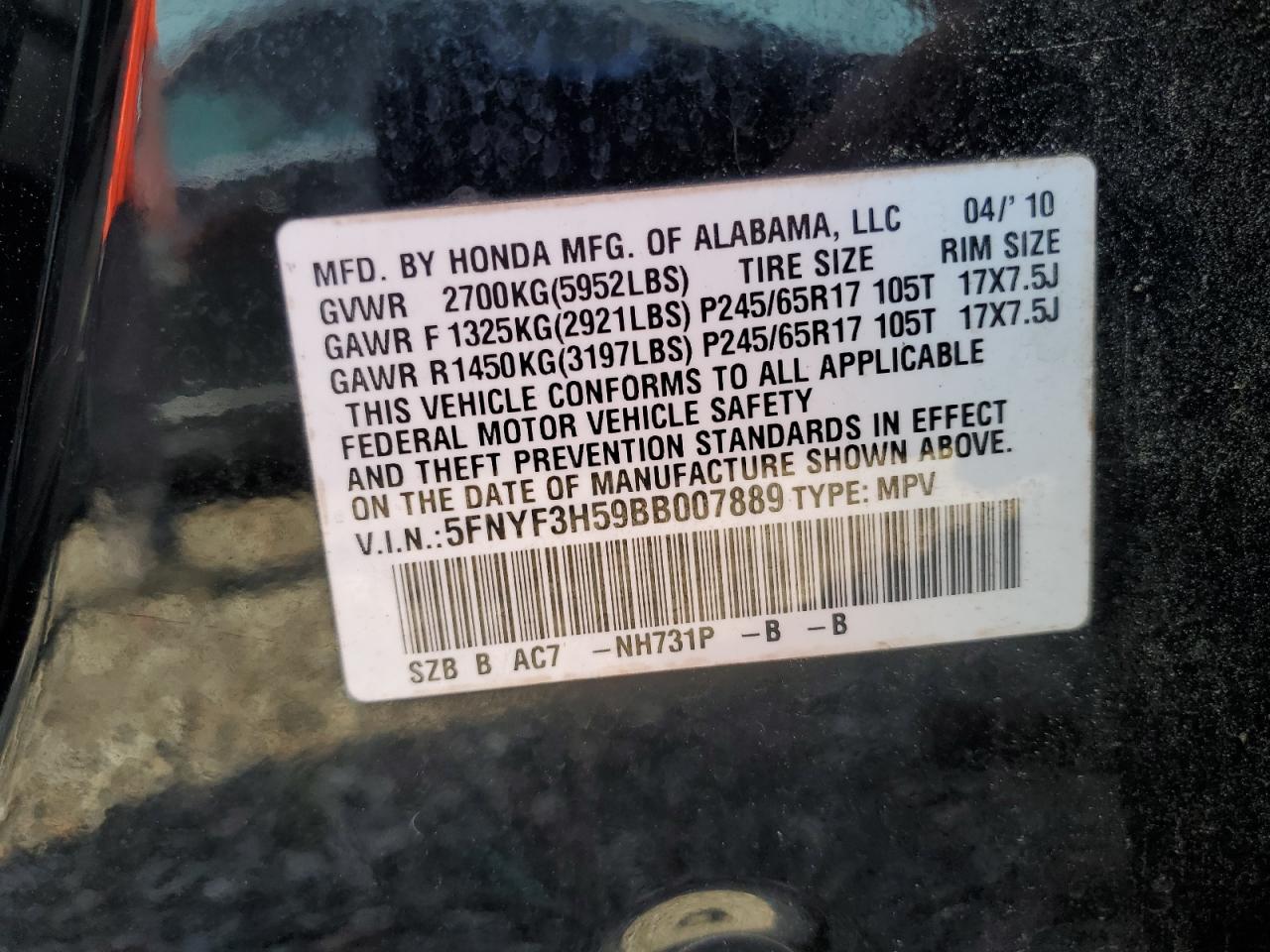 2011 Honda Pilot Exl VIN: 5FNYF3H59BB007889 Lot: 64887195
