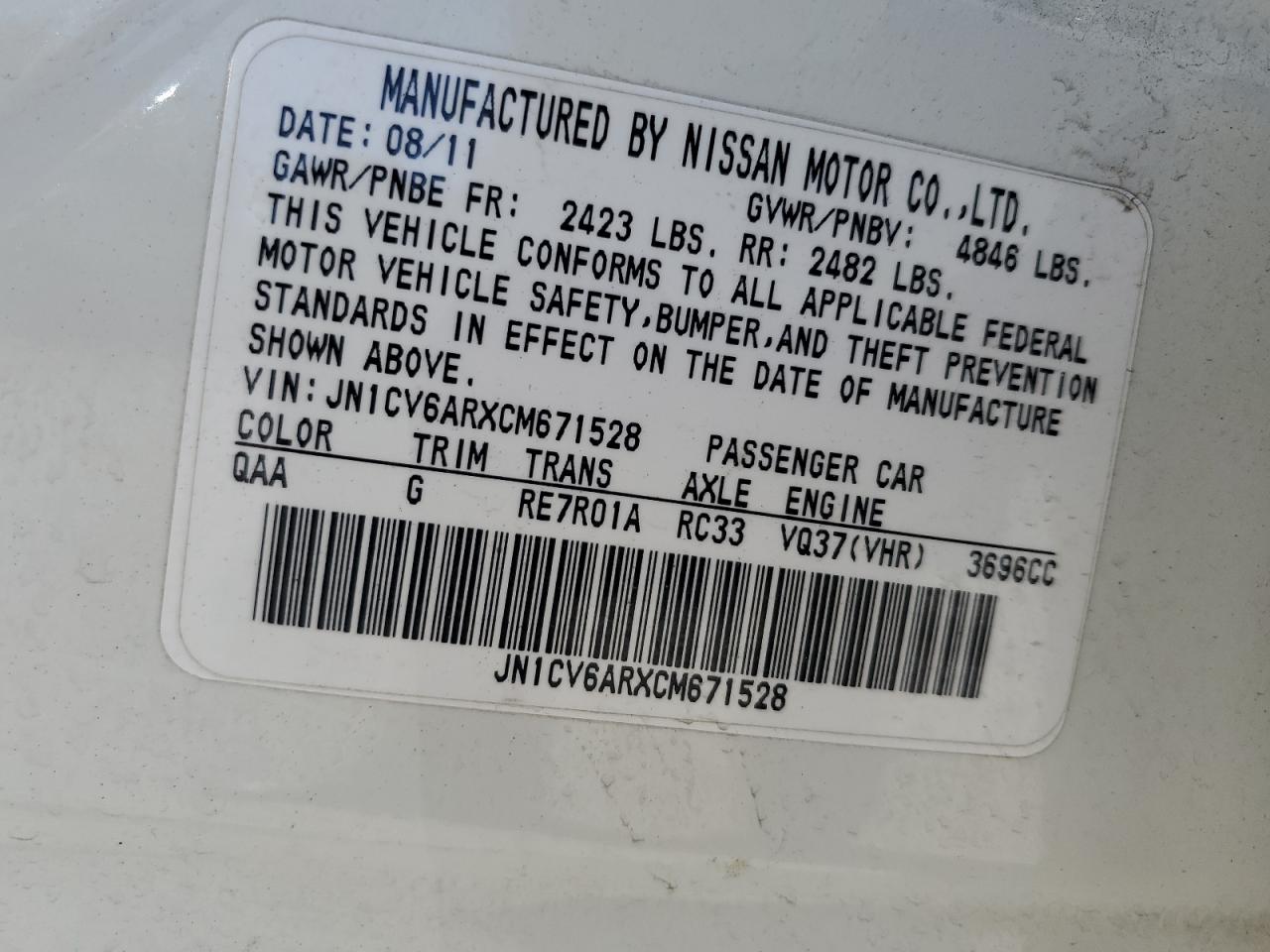 2012 Infiniti G37 VIN: JN1CV6ARXCM671528 Lot: 63873435