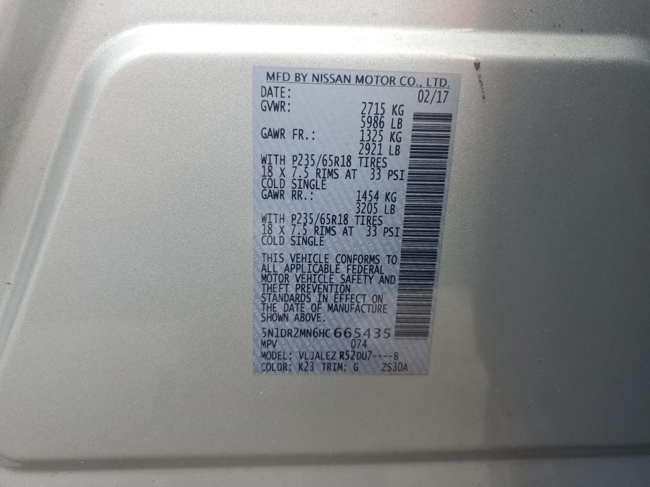2017 Nissan Pathfinder S VIN: 5N1DR2MN6HC665435 Lot: 64617465