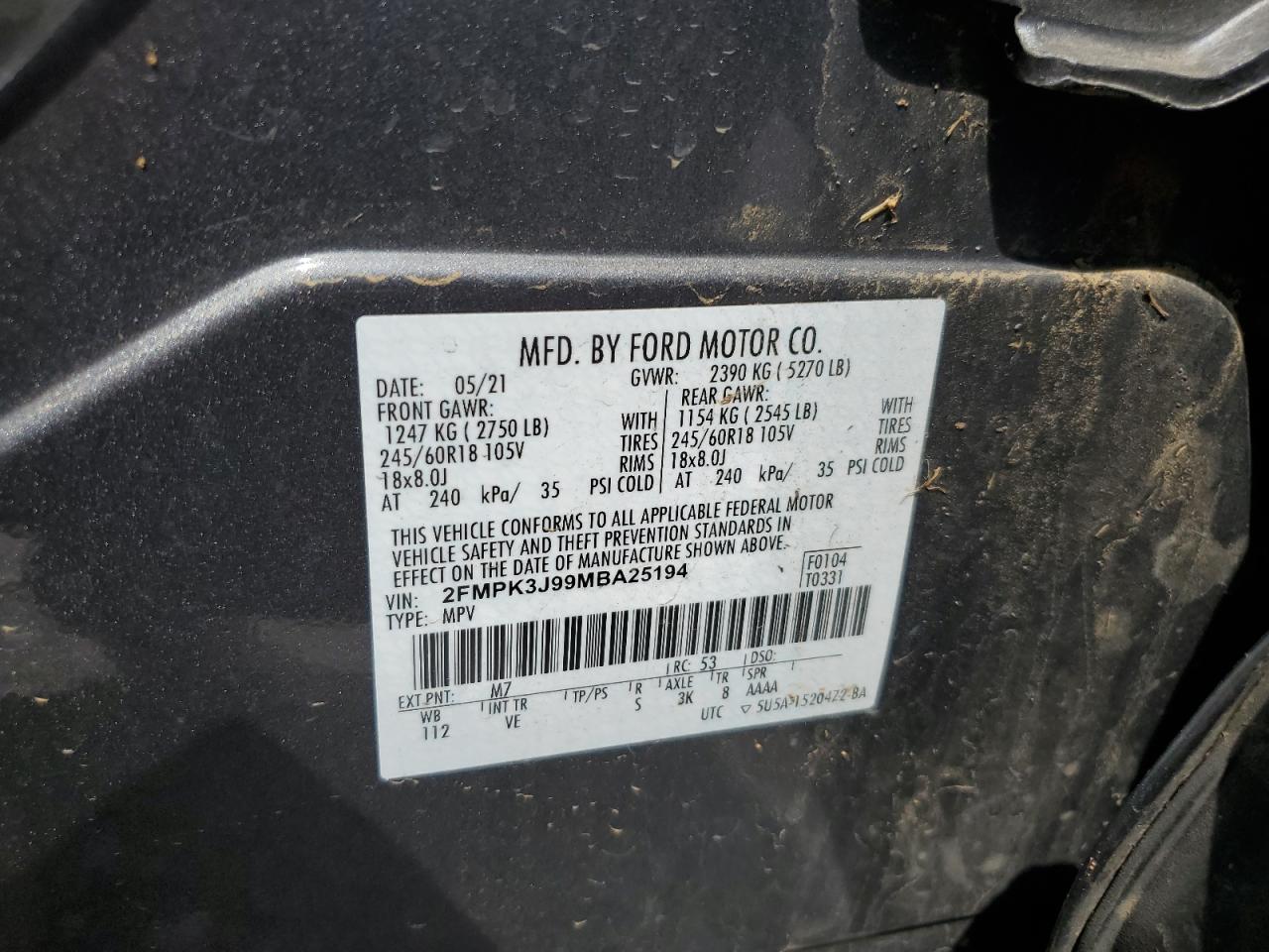 2021 Ford Edge Sel VIN: 2FMPK3J99MBA25194 Lot: 63563995