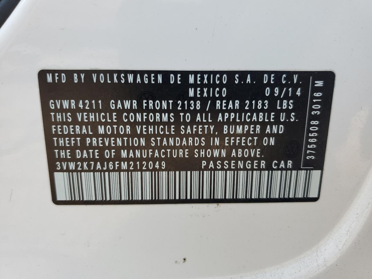 2015 Volkswagen Jetta Base VIN: 3VW2K7AJ6FM212049 Lot: 65618755