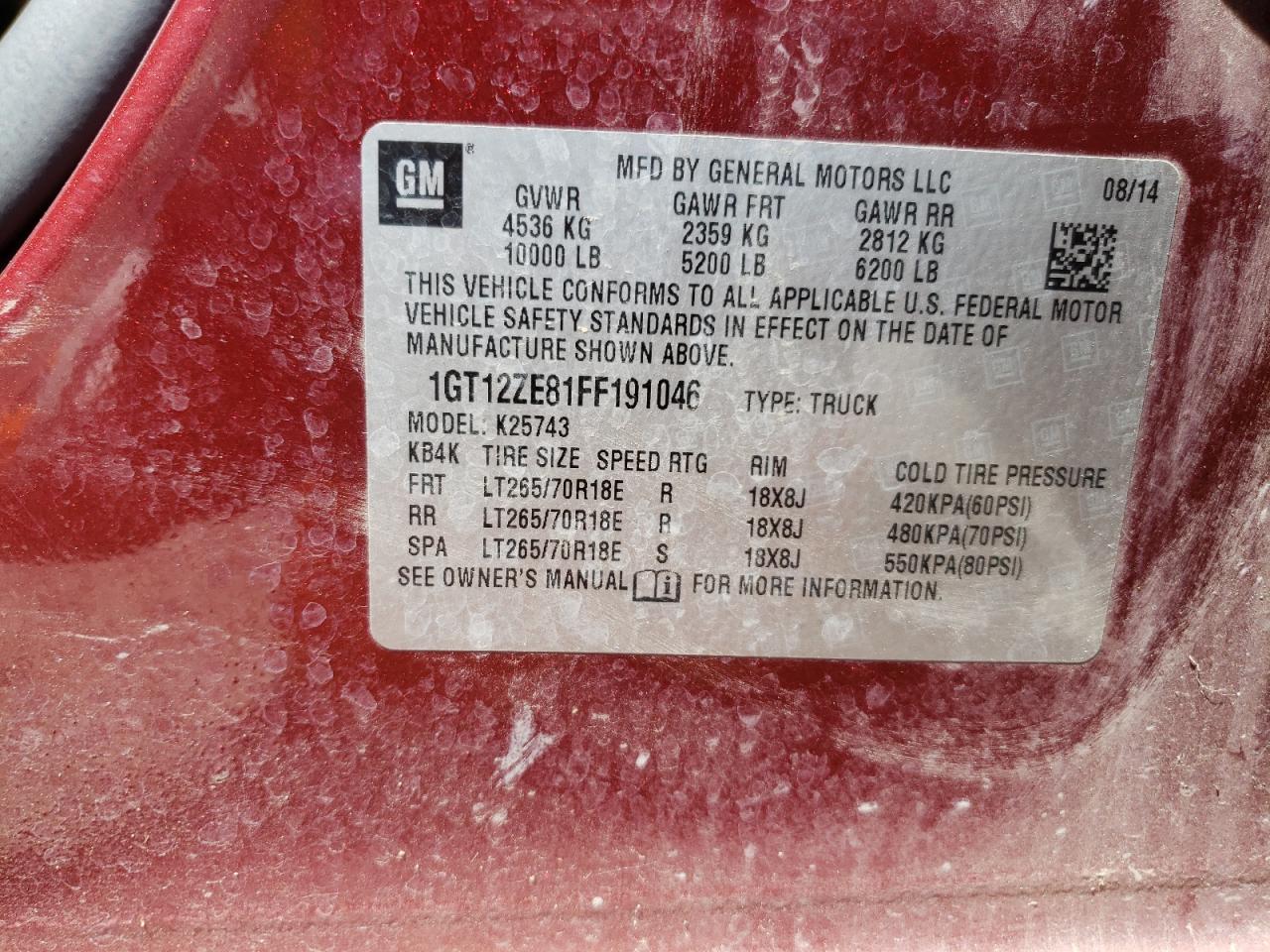 2015 GMC Sierra K2500 Slt VIN: 1GT12ZE81FF191046 Lot: 66392505