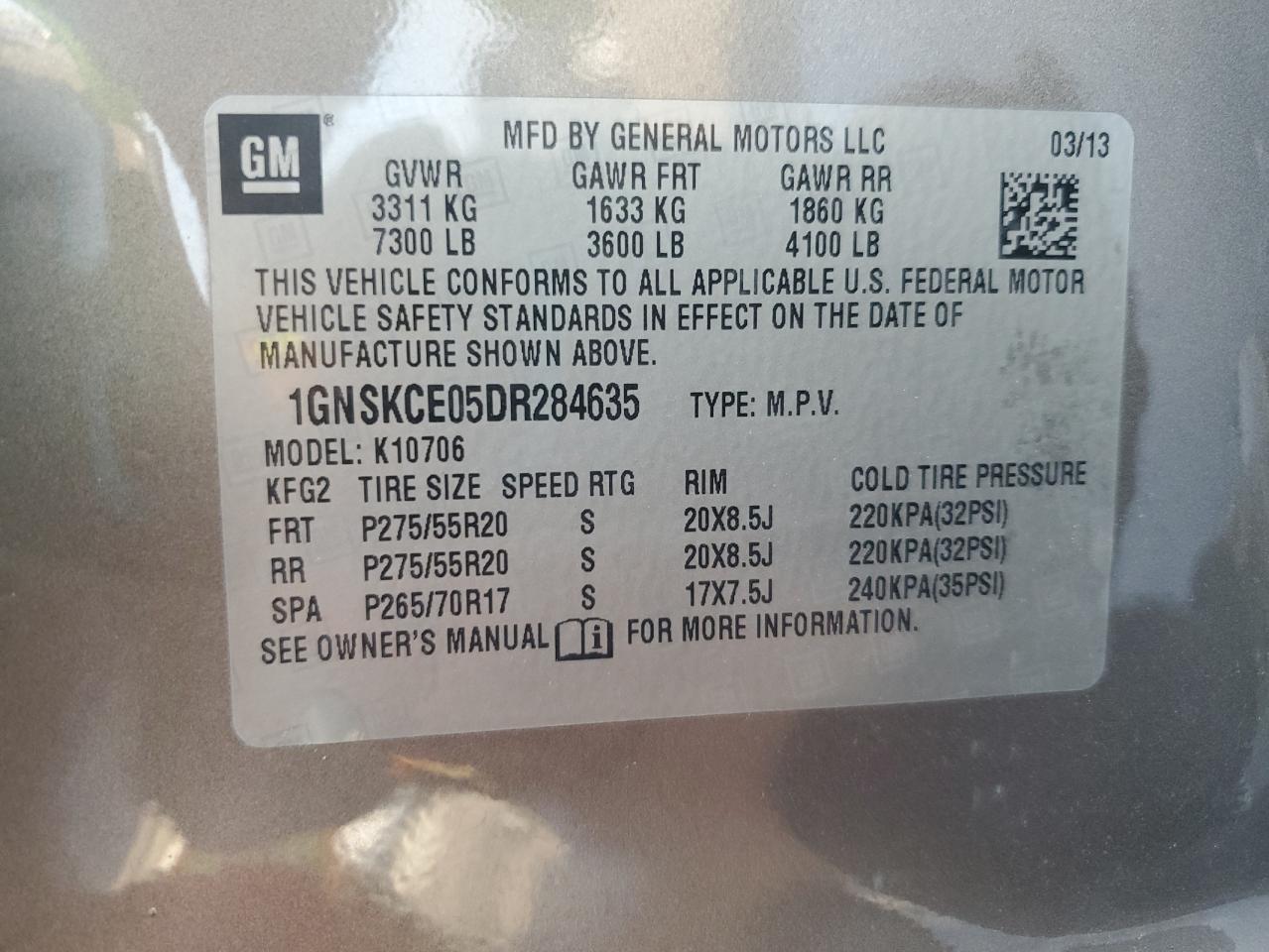 2013 Chevrolet Tahoe K1500 Ltz VIN: 1GNSKCE05DR284635 Lot: 64638575