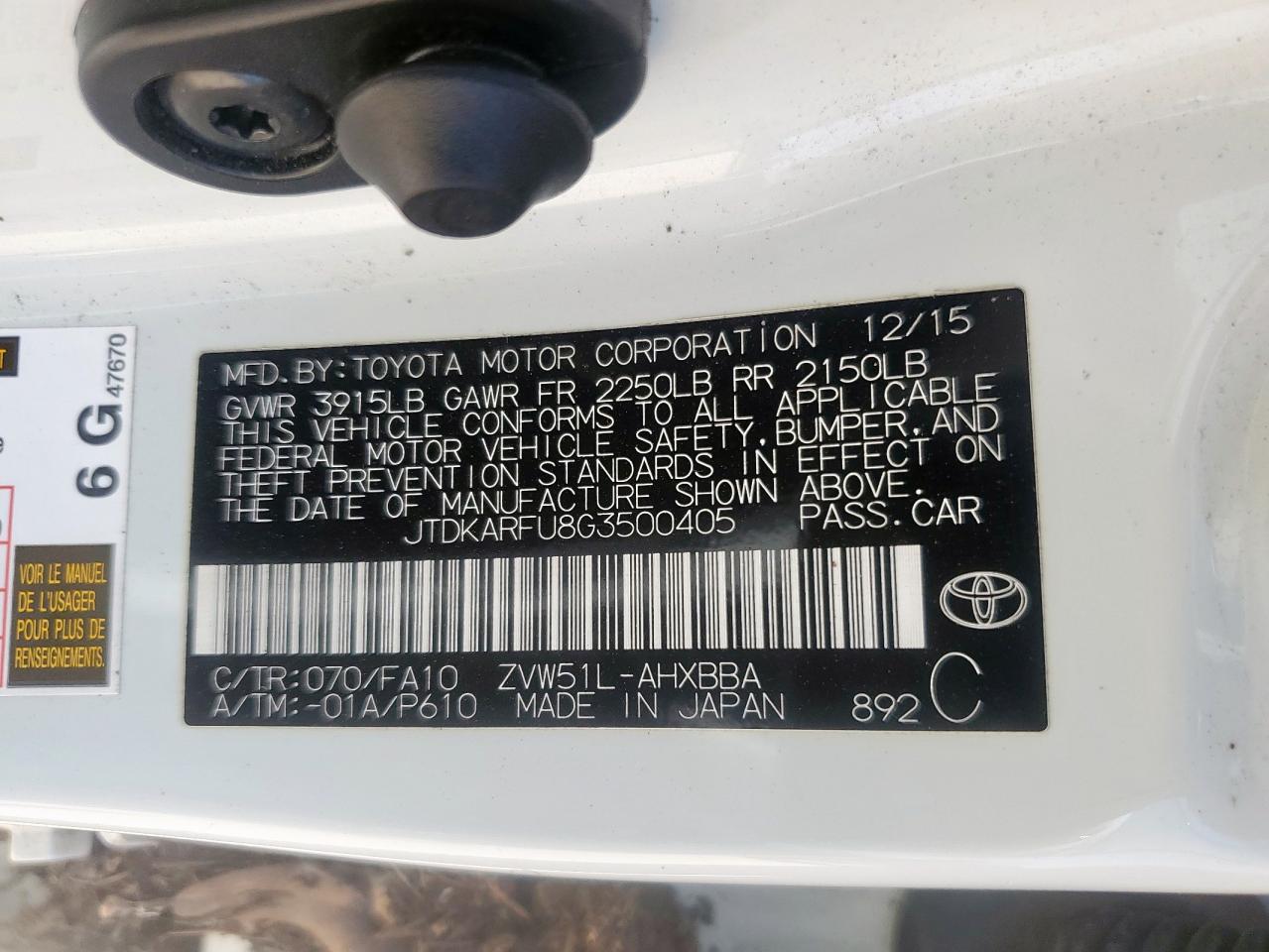 2016 Toyota Prius VIN: JTDKARFU8G3500405 Lot: 64698235