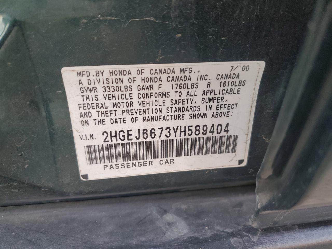 2000 Honda Civic Lx VIN: 2HGEJ6673YH589404 Lot: 63687065