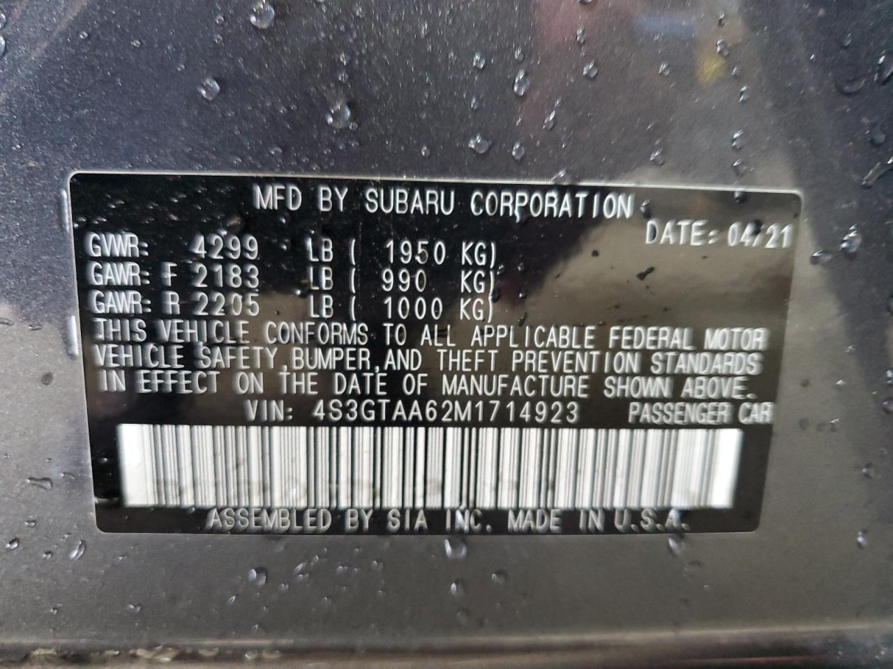 2021 Subaru Impreza VIN: 4S3GTAA62M1714923 Lot: 64206955