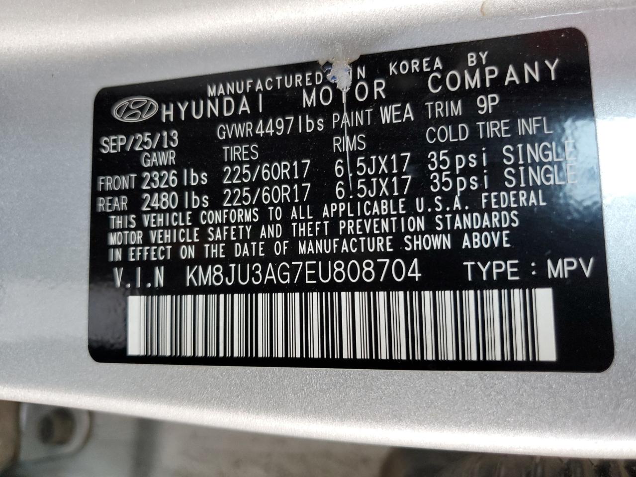 2014 Hyundai Tucson Gls VIN: KM8JU3AG7EU808704 Lot: 63946135